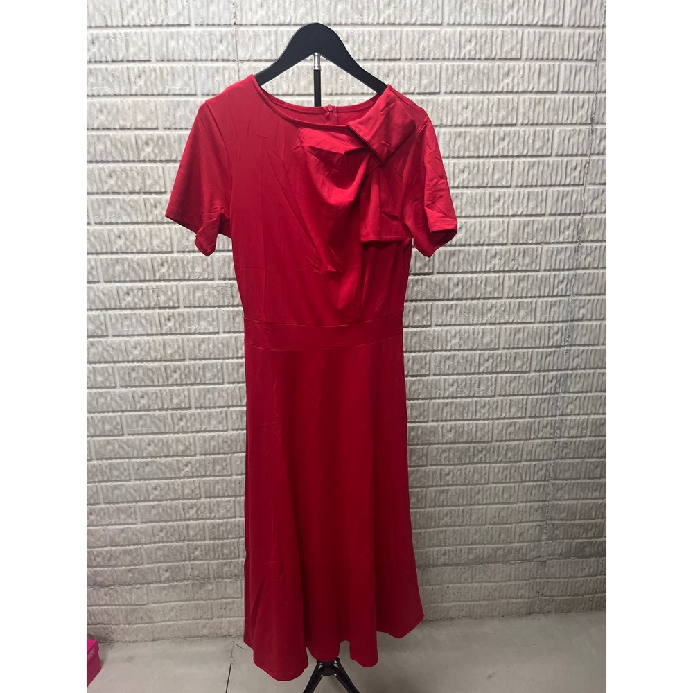 Red Short Sleeve Midi Dress Bow Detail Size‎ M
